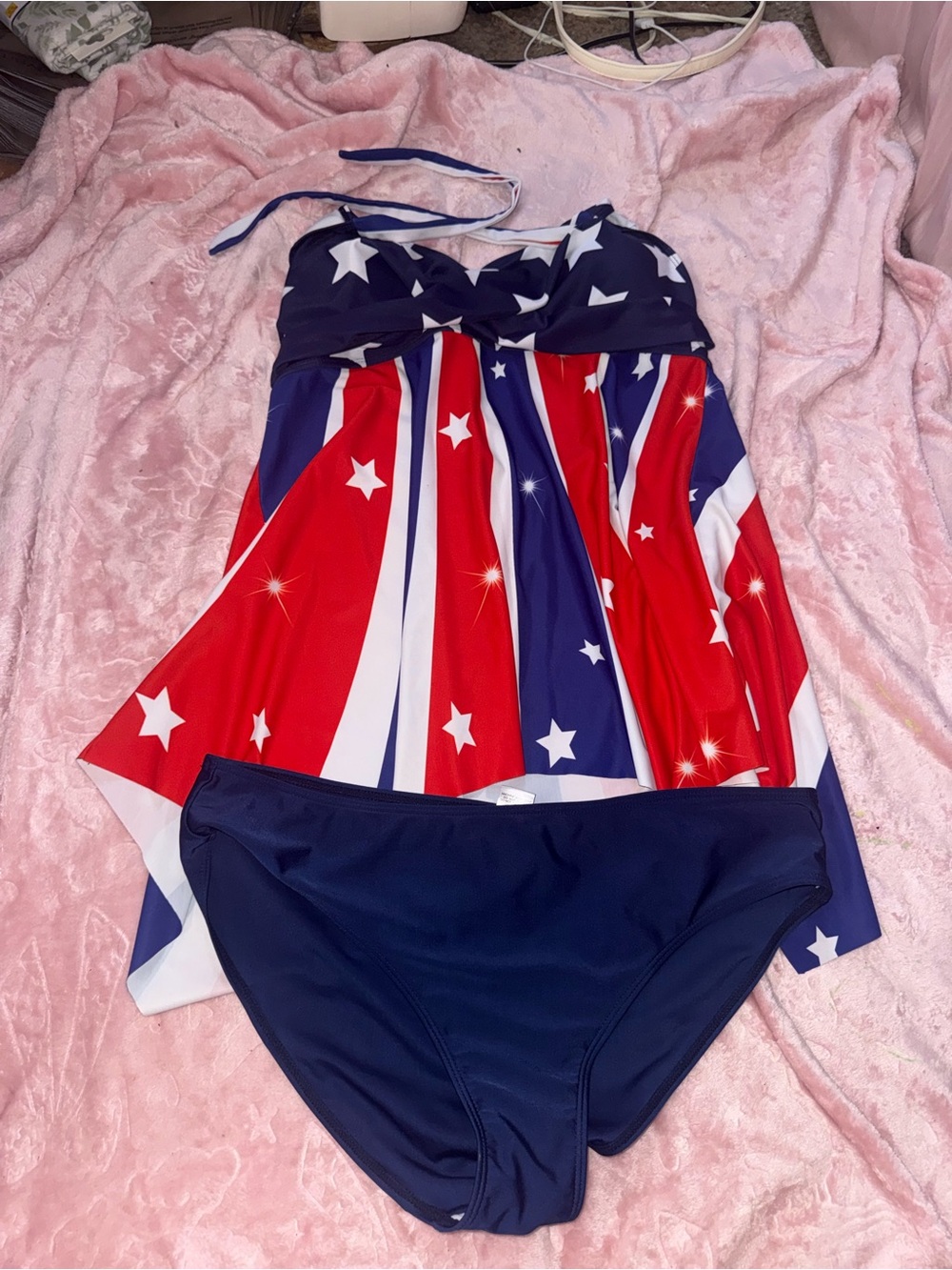 Patriotic Star-Print Bandeau Tankini Set - Navy & Red